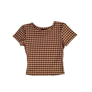 Short Sleeve Houndstooth Printed Brown and Tan Fitted Crop Top - Medium